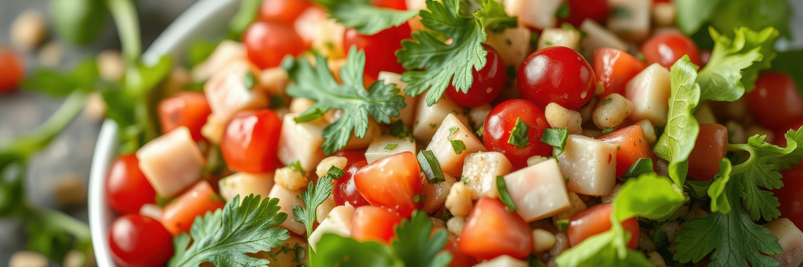Fresh tomato and cucumber salad with cilantro and herbs prepared in a modern kitchen setting